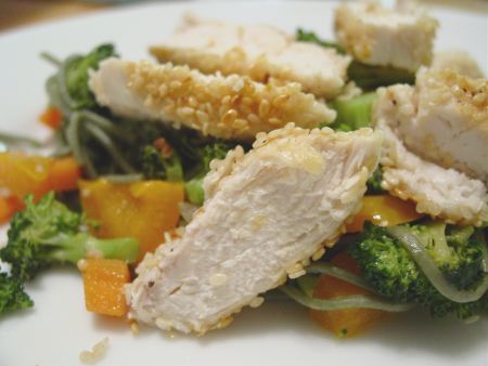 Sesame Chicken over Stir Fry Soba Noodles